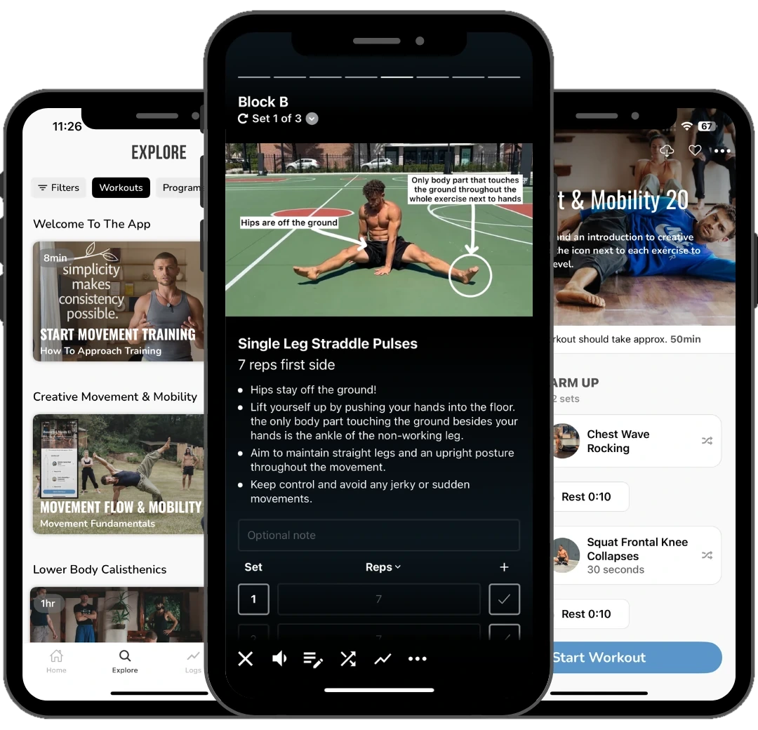 Movement App interface shown across three phone screens