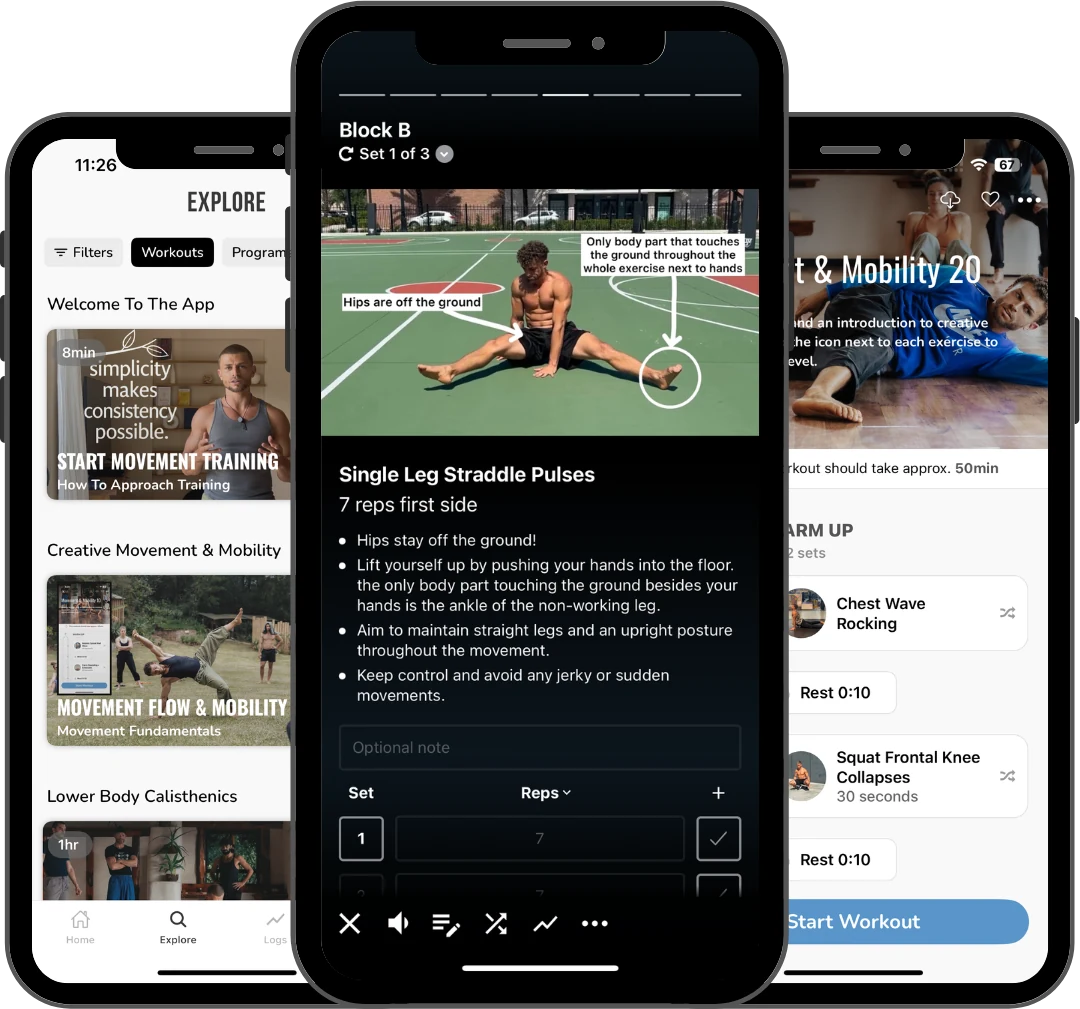 Three screens from the Movement App: the Explore library of workouts and programs, a guided exercise with coaching notes, and a workout overview ready to start